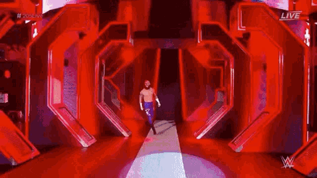 a man with a beard is standing in a tunnel with his arms outstretched in a wrestling match .