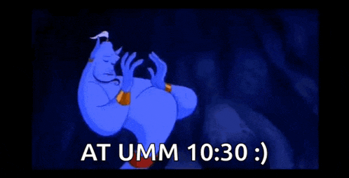 a blue cartoon character with the words at umm 10:30