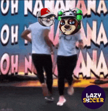 a man and a woman are running in front of a sign that says oh nana oh nana oh nana