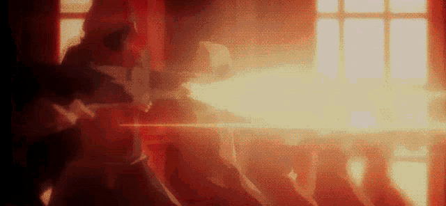 a person is holding a gun in a room with a lot of windows .