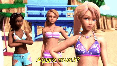three barbie dolls in bikinis are standing on a beach and one of them is asking aggro much .