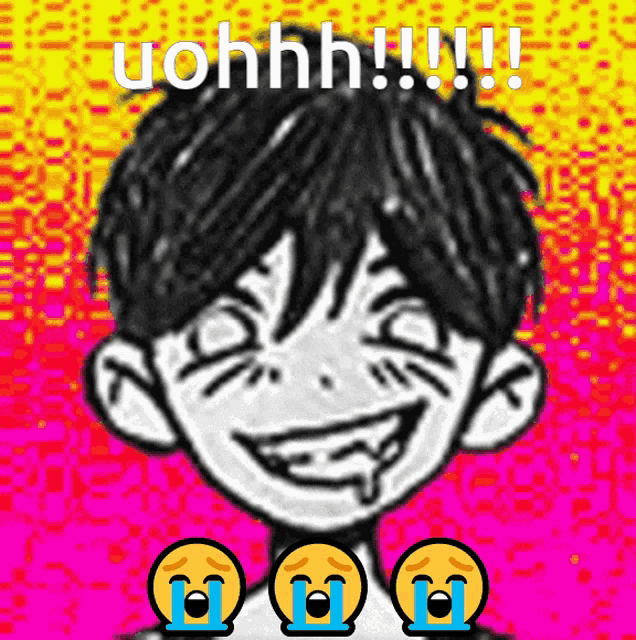 a drawing of a boy with tears coming out of his eyes and the words uohhh