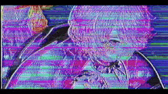 it looks like a glitch image of a girl with a sword in her mouth .