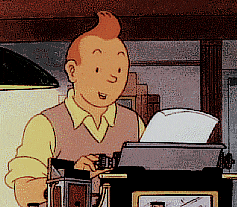 a cartoon character is typing on a typewriter with a piece of paper coming out of it