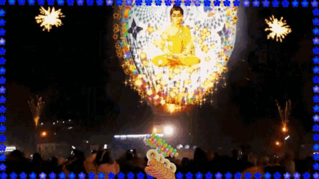 a painting of a man sitting in a lotus position with flowers around him