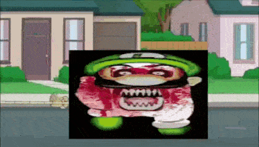 a cartoon character is standing in front of a house with a green hat on .