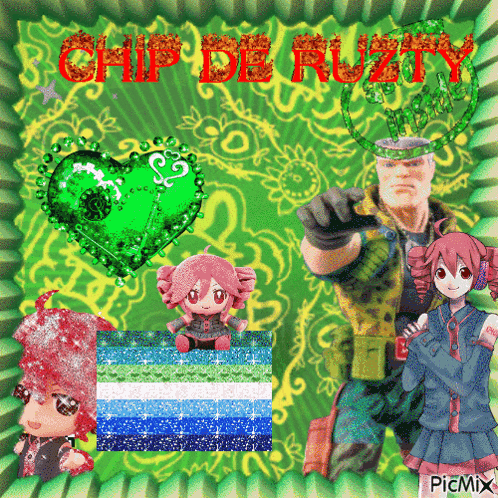 a picture of chip de rusty with a green heart in the middle