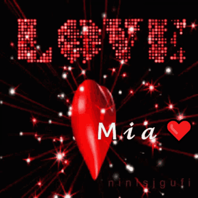 a red heart with the name mia in white letters