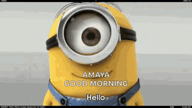 a picture of a minion with one eye and the words " amaya good morning hello "