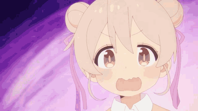 a cartoon girl with a bun and a purple background