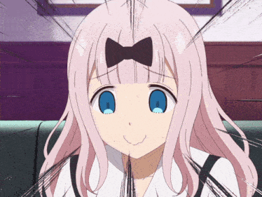 a girl with pink hair and blue eyes has a black bow on her head