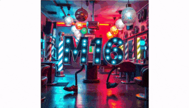 a barber shop with a sign that says ' i 'm 16 ' on it .