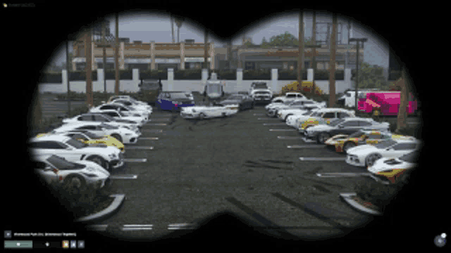 a bunch of cars are parked in a parking lot in front of a store