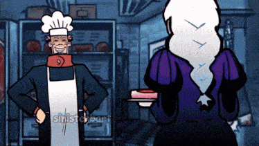 a cartoon of a man in a chef 's hat standing next to a woman