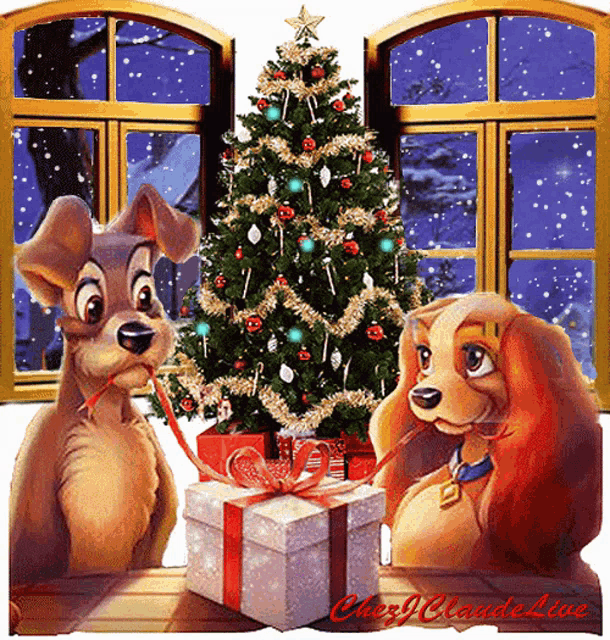 a couple of cartoon dogs sitting in front of a christmas tree and a gift box