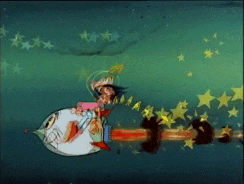 a cartoon of a man riding a rocket with stars behind him