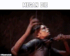 a woman singing into a microphone with the words megan die above her head