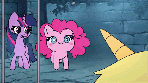 a cartoon of twilight sparkle and pinkie pie standing next to each other