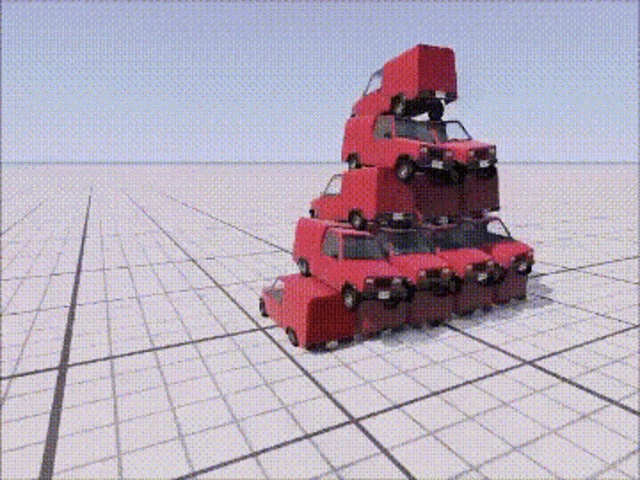 a bunch of red cars are stacked up on top of each other