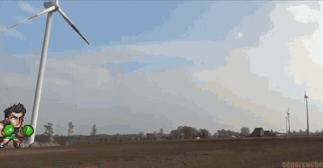 a pixel art drawing of a man running in front of a wind turbine with the watermark senoruceho