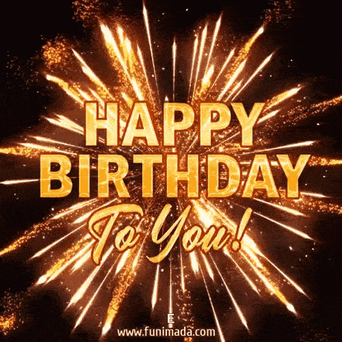 a happy birthday greeting card with fireworks in the background .