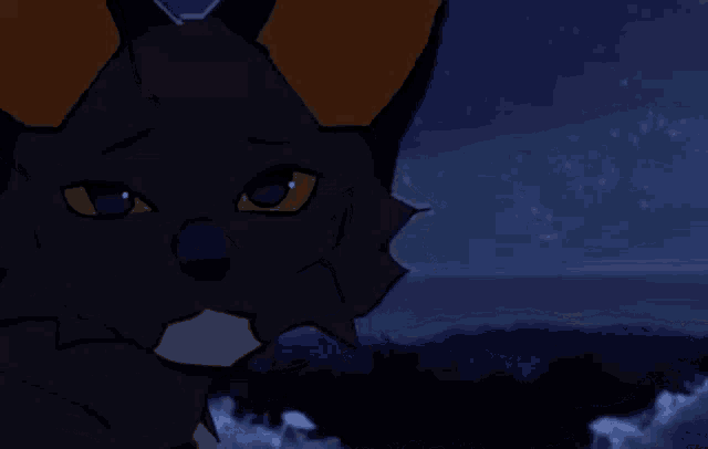 a close up of a cartoon cat 's face at night .