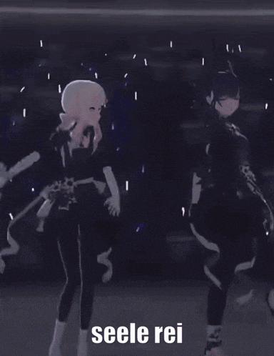 two anime characters are dancing in front of a sign that says seele rei on it