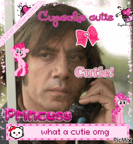a picture of a man talking on a phone with the words cupcake cutie princess what a cutie omg on it