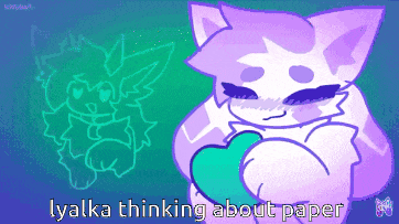 a drawing of a cat with the words " lyalka thinking about paper "
