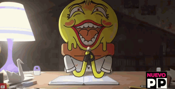 a cartoon character is sitting at a desk with a book open and a sign that says nuevo pp on it