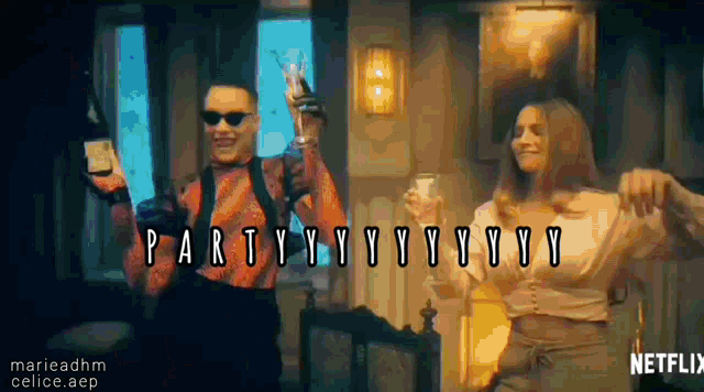 a man and a woman are dancing in a room with the words party written above them .