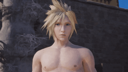 a shirtless anime character is standing in front of a brick wall