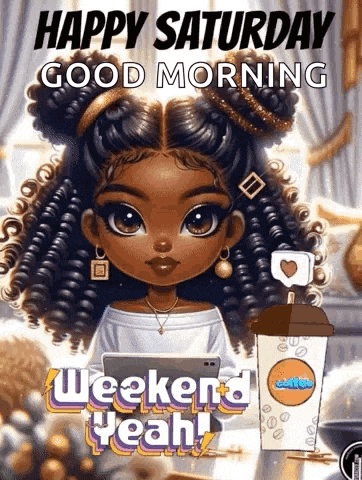 a cartoon girl is sitting at a table with a cup of coffee and a tablet .