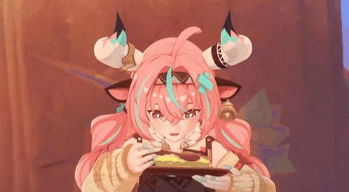 a pink haired anime girl with horns is holding a plate of food
