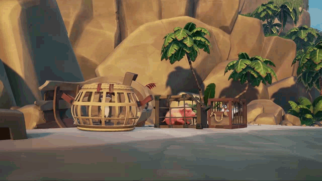 a video game scene with a palm tree and a cage in the foreground
