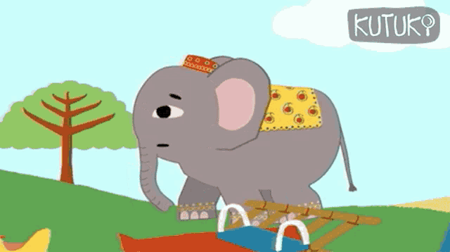 a cartoon drawing of an elephant with a yellow blanket on its back and a sign that says " kutuko "