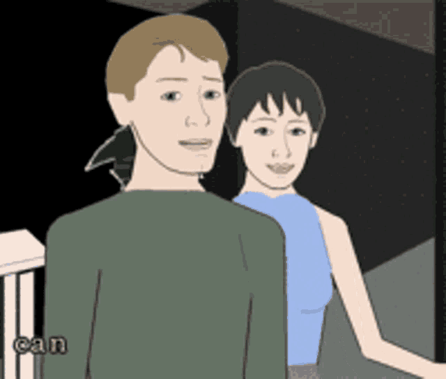 a cartoon of a man and a woman standing next to each other with the letters can on the bottom right