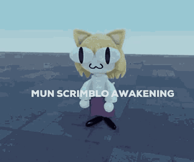 a cartoon character with the words mun scrimblo awakening on the bottom