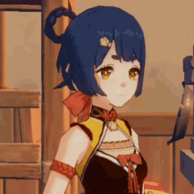 a girl with blue hair and yellow eyes is wearing a yellow and black outfit