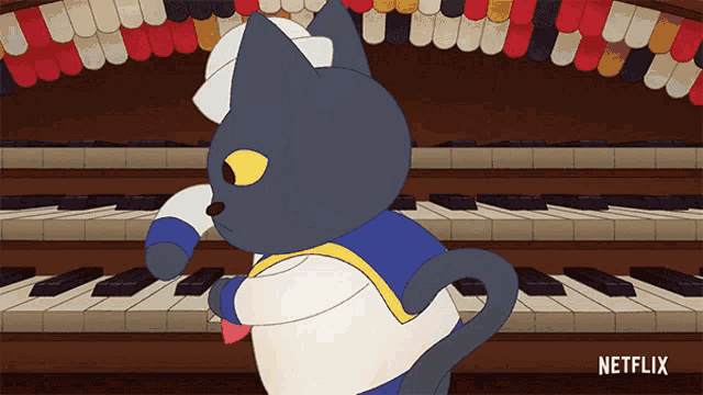 a cartoon cat is playing a piano with a netflix logo behind it
