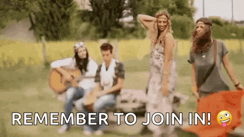 a group of people are standing in a field with the words remember to join in written on the bottom .