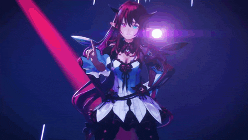 a girl with long red hair and blue eyes is standing in front of a purple light
