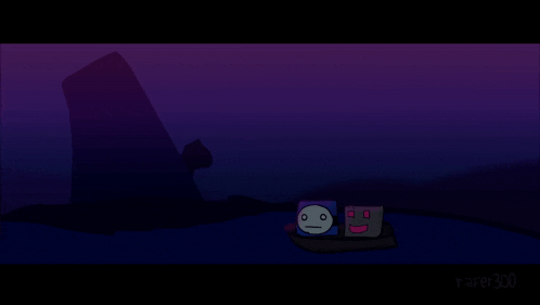 a cartoon drawing of two cubes with faces on them in the dark