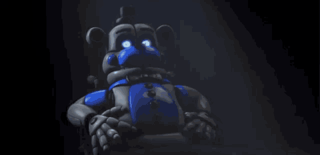 a robotic bear with blue eyes and a blue shirt