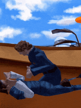 a man in a blue uniform is laying on another man 's lap