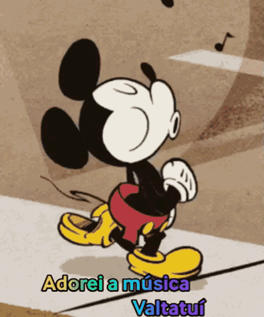 a cartoon of mickey mouse with the words " adorei a musica valtatui "