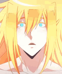 a close up of a person 's face with long yellow hair and blue eyes
