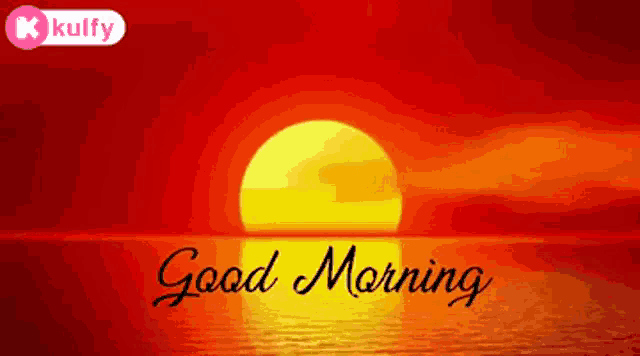 a picture of a sunset with the words " good morning " below it