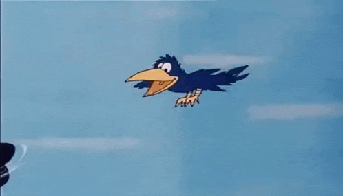 a cartoon bird is flying over a top hat in the air .