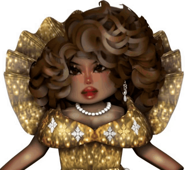 a close up of a doll wearing a gold dress
